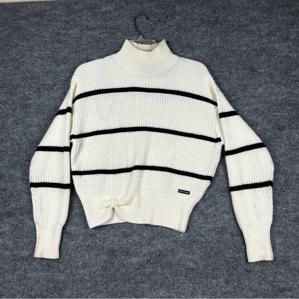 Calvin Klein Jeans S/P Cropped Mock Neck Sweater Black Striped Knit